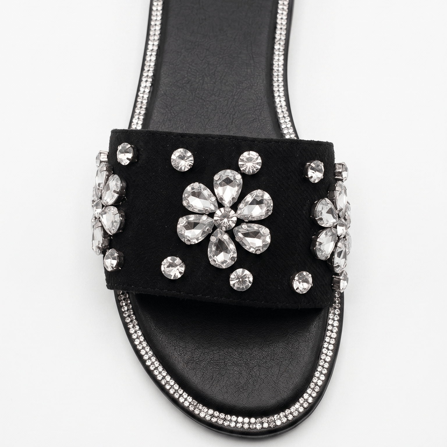 Sparkling Crystal Flower Suede Slide Sandals – Black