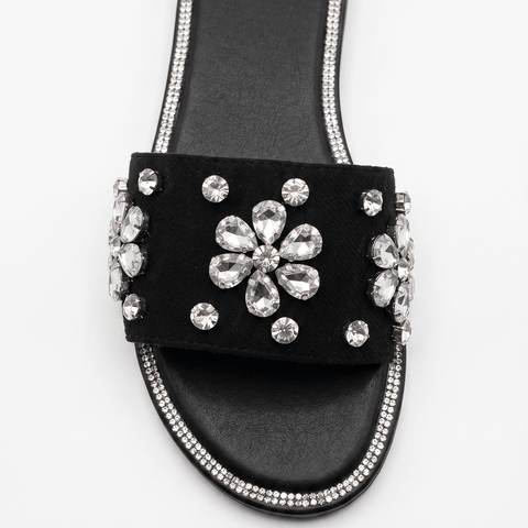 Sparkling Crystal Flower Suede Slide Sandals – Black