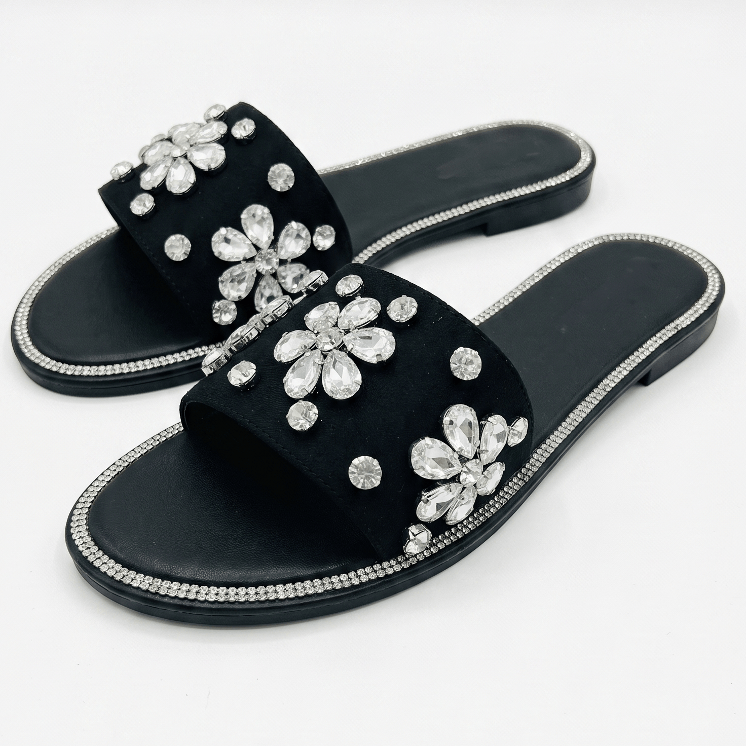 Sparkling Crystal Flower Suede Slide Sandals – Black