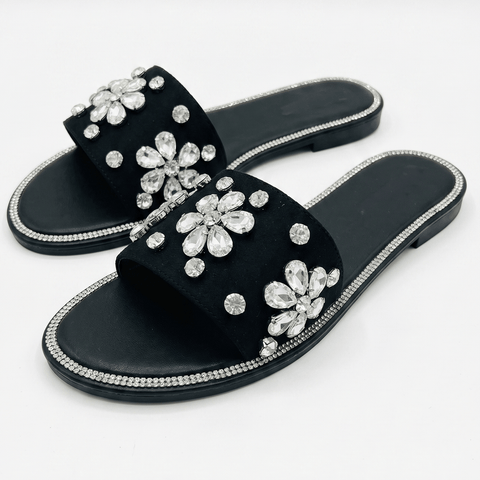 Sparkling Crystal Flower Suede Slide Sandals – Black
