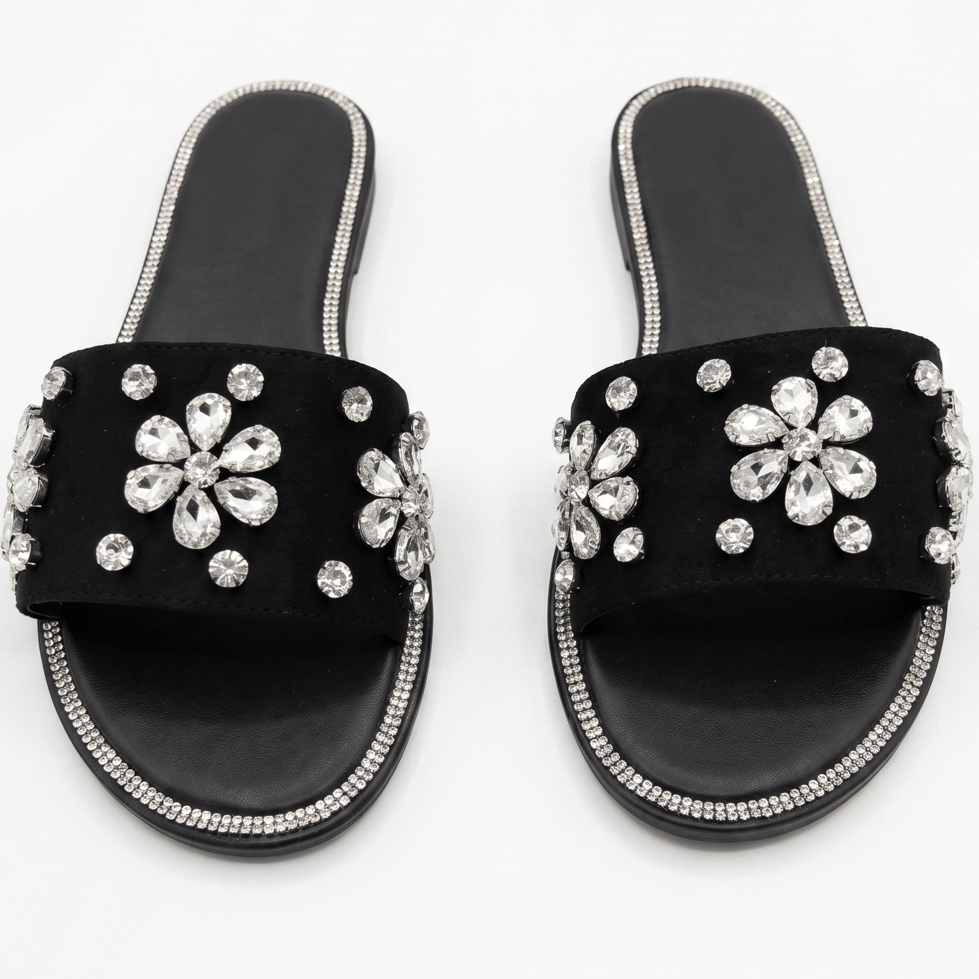 Sparkling Crystal Flower Suede Slide Sandals – Black