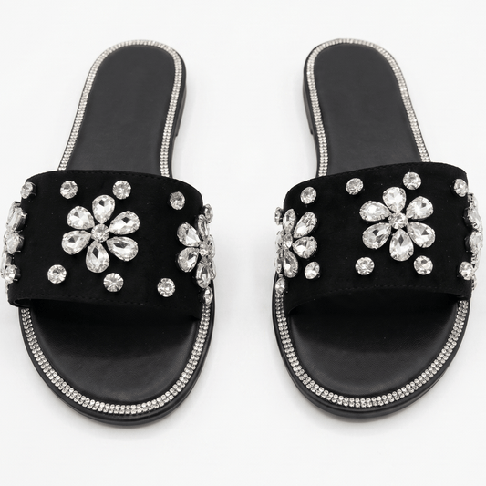 Sparkling Crystal Flower Suede Slide Sandals – Black