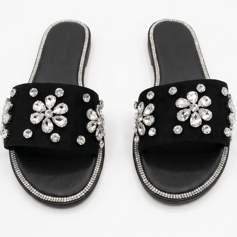 Sparkling Crystal Flower Suede Slide Sandals – Black