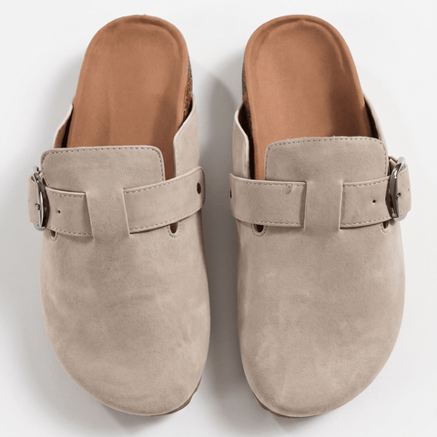 Suede Buckle Clog Mules | Lightweight Neutral Slip-On Footwear