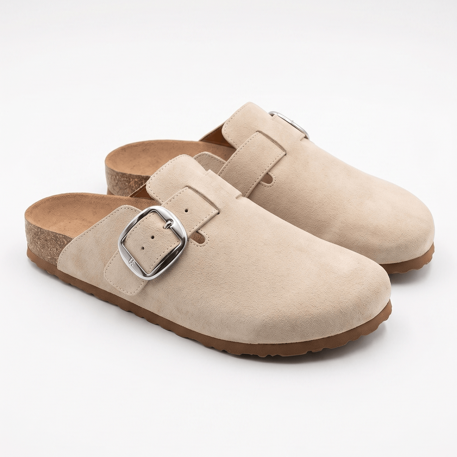 Suede Buckle Clog Mules | Lightweight Neutral Slip-On Footwear