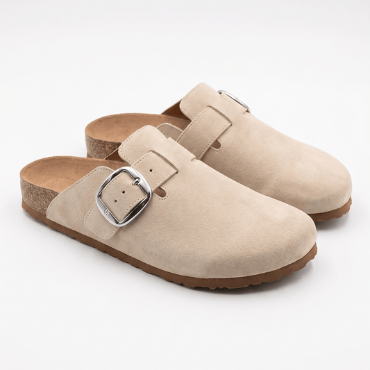 Suede Buckle Clog Mules | Lightweight Neutral Slip-On Footwear