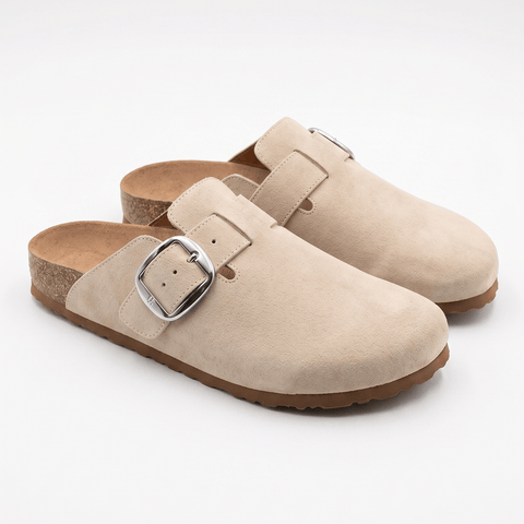 Suede Buckle Clog Mules | Lightweight Neutral Slip-On Footwear