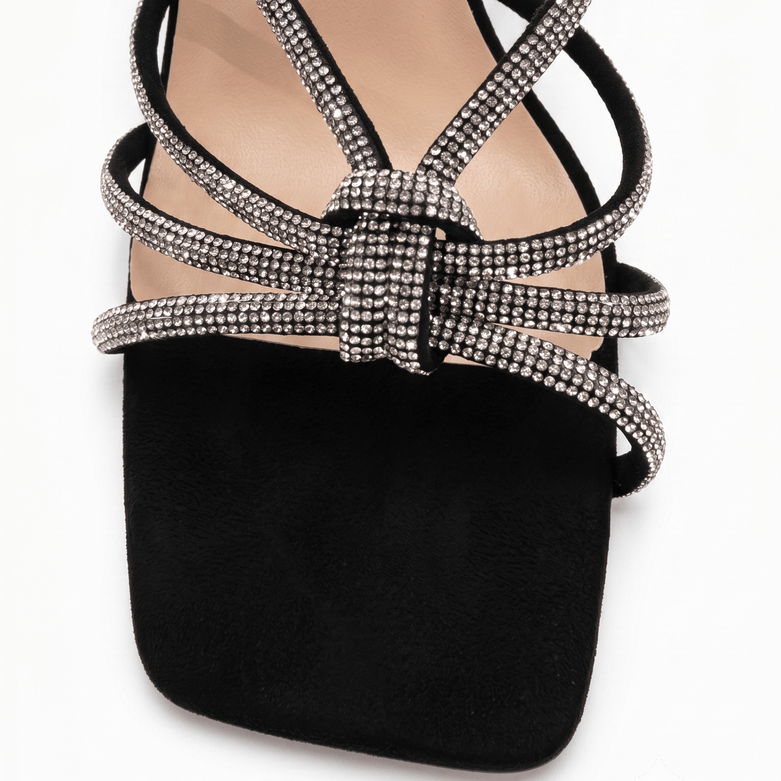 The Bella Rhinestone Knotted Square-Toe Heeled Sandals