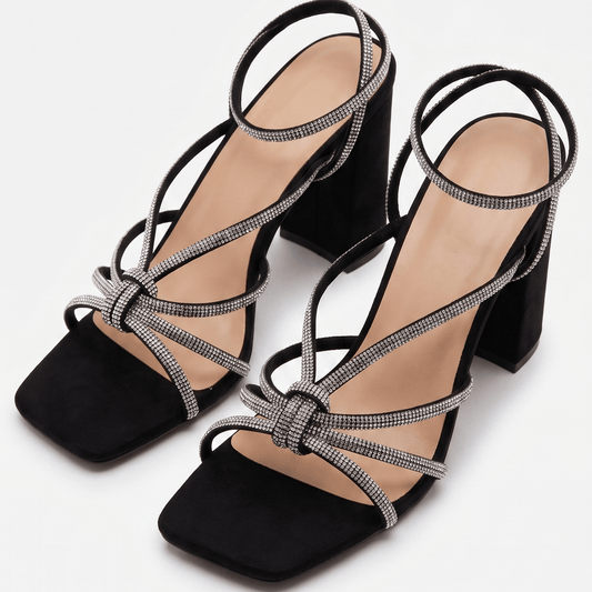The Bella Rhinestone Knotted Square-Toe Heeled Sandals