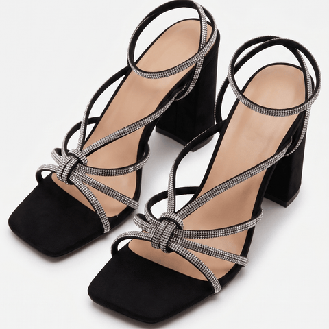 The Bella Rhinestone Knotted Square-Toe Heeled Sandals