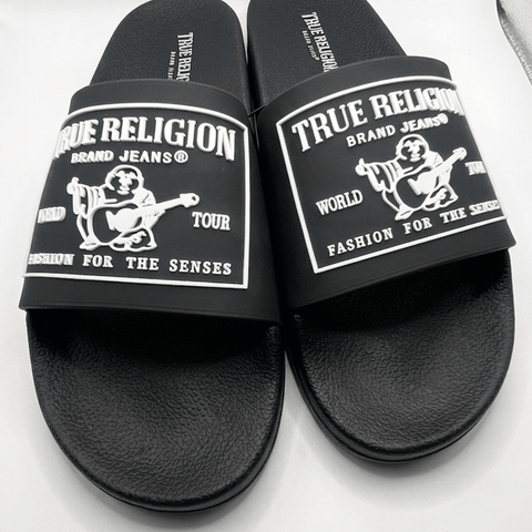 True Religion Men's "World Tour" Casual Slide Sandals (Black/White)