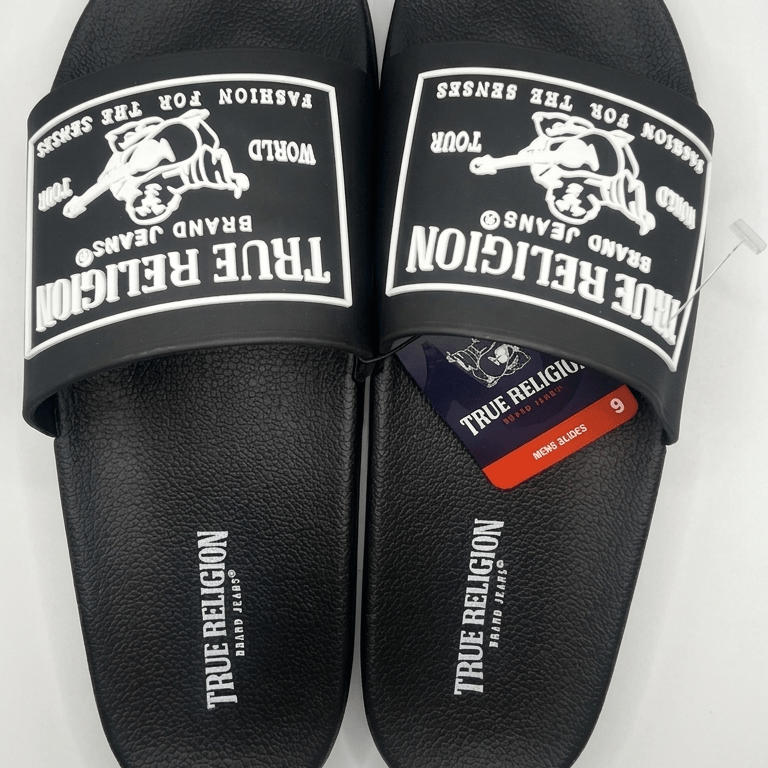 True Religion Men's "World Tour" Casual Slide Sandals (Black/White)