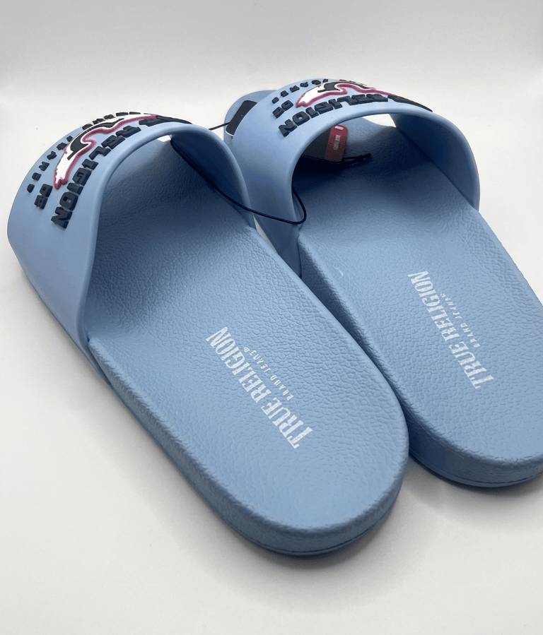True Religion Women's Logo Slide Sandals (Light Blue / Navy)