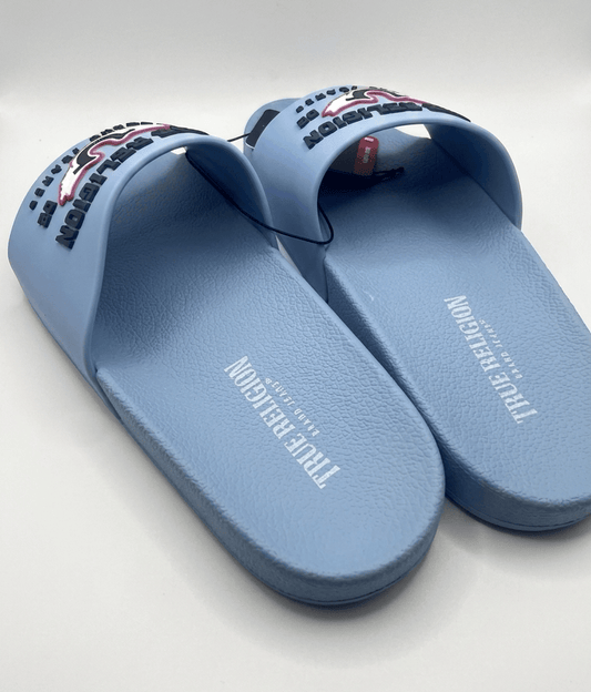 True Religion Women's Logo Slide Sandals (Light Blue / Navy)