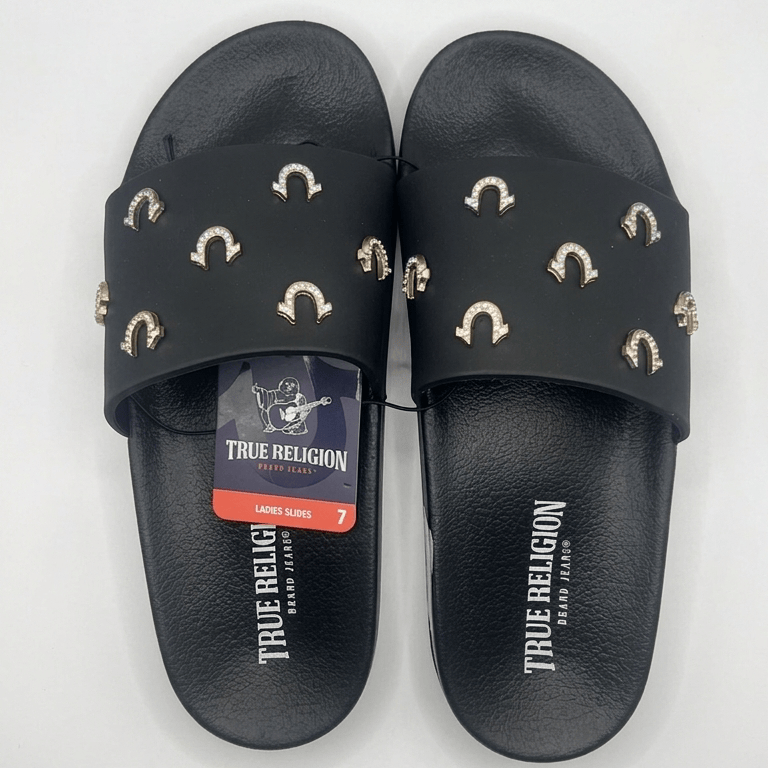 True Religion Women's Studded Horseshoe Logo Slide Sandals - Black/Gold