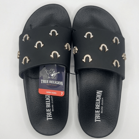 True Religion Women's Studded Horseshoe Logo Slide Sandals - Black/Gold