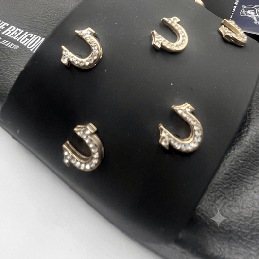 True Religion Women's Studded Horseshoe Logo Slide Sandals - Black/Gold