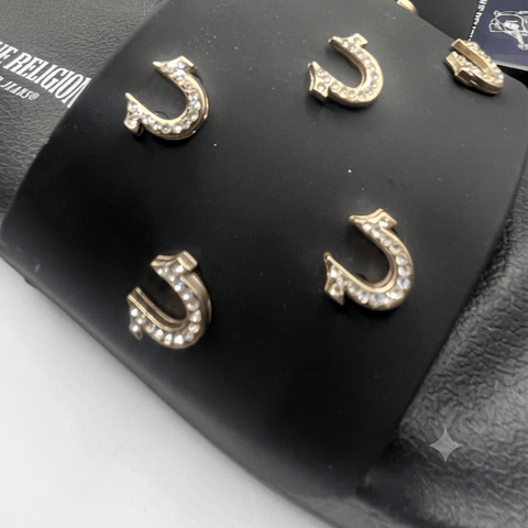 True Religion Women's Studded Horseshoe Logo Slide Sandals - Black/Gold