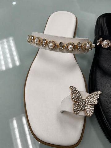 White / 5.5 Sparkling Butterfly & Pearl Embellished Toe-Ring Flat Sandals