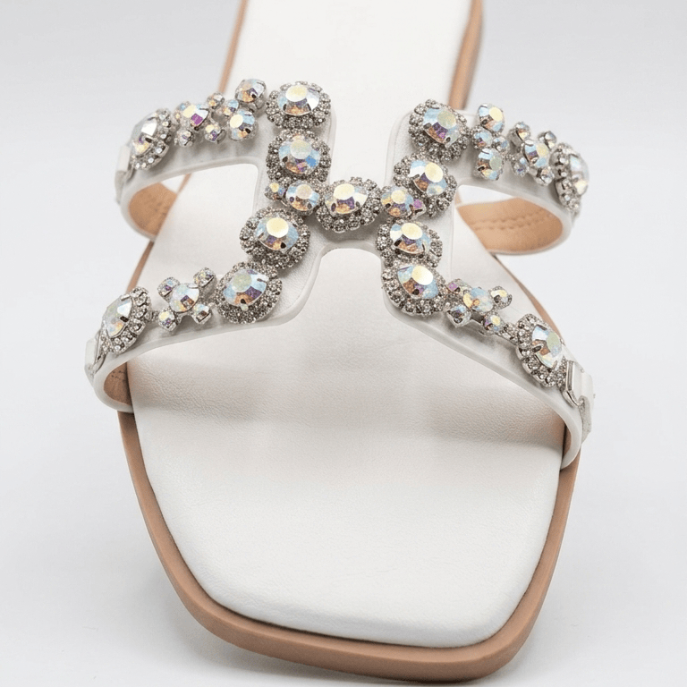White / 5.5 Women's Embellished H-Strap Flat Sandals – Jewel encrusted Slip-On Summer Slides