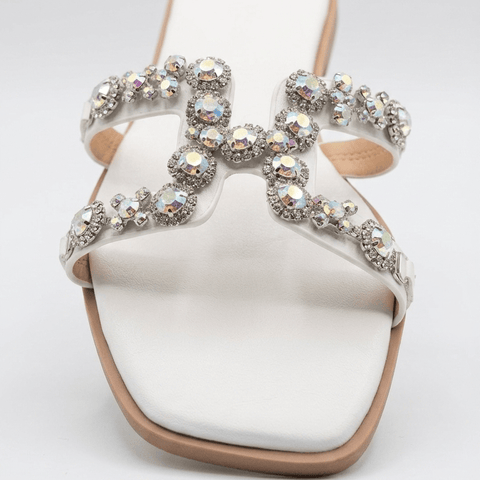 White / 5.5 Women's Embellished H-Strap Flat Sandals – Jewel encrusted Slip-On Summer Slides