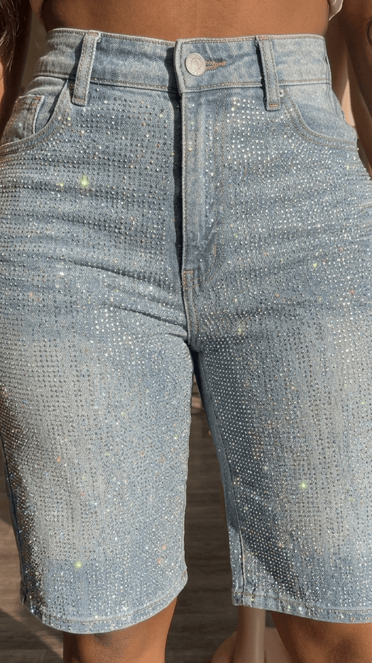 Women Half Cut Rhinestone Denim Jeans Pants