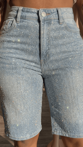 Women Half Cut Rhinestone Denim Jeans Pants