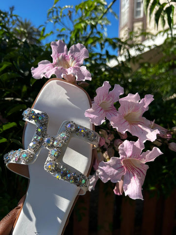 Women's Embellished H-Strap Flat Sandals – Jewel encrusted Slip-On Summer Slides