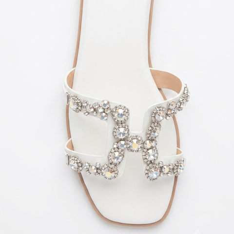Women's Embellished H-Strap Flat Sandals – Jewel encrusted Slip-On Summer Slides