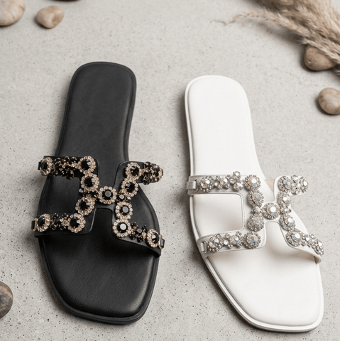 Women's Embellished H-Strap Flat Sandals – Jewel encrusted Slip-On Summer Slides
