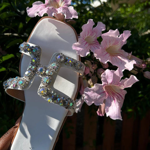 Women's Embellished H-Strap Flat Sandals – Jewel encrusted Slip-On Summer Slides