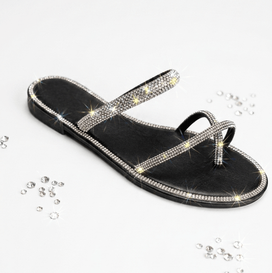Women's Rhinestone Flat Sandals – Sparkly Double Strap Slip-on Summer Slide Sandals
