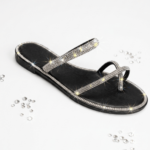 Women's Rhinestone Flat Sandals – Sparkly Double Strap Slip-on Summer Slide Sandals