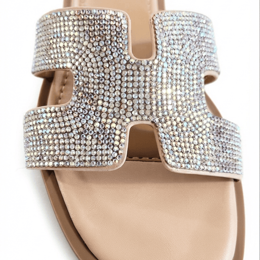 Women’s Rhinestone H-Band Flat Slides – Nude / AB Crystal