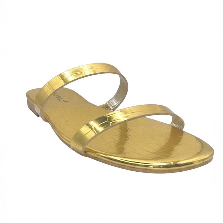 Women’s Shiny Gold Croc-Embossed Flat Sandals with Double Straps