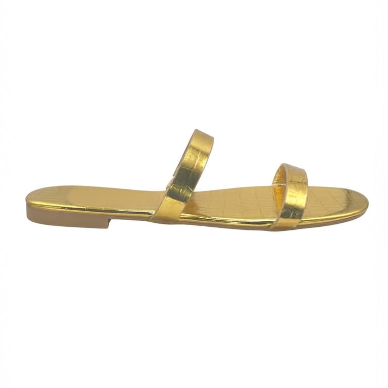 Women’s Shiny Gold Croc-Embossed Flat Sandals with Double Straps