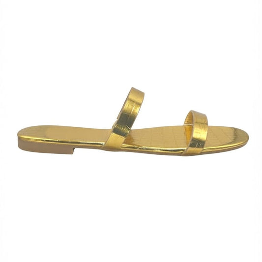Women’s Shiny Gold Croc-Embossed Flat Sandals with Double Straps