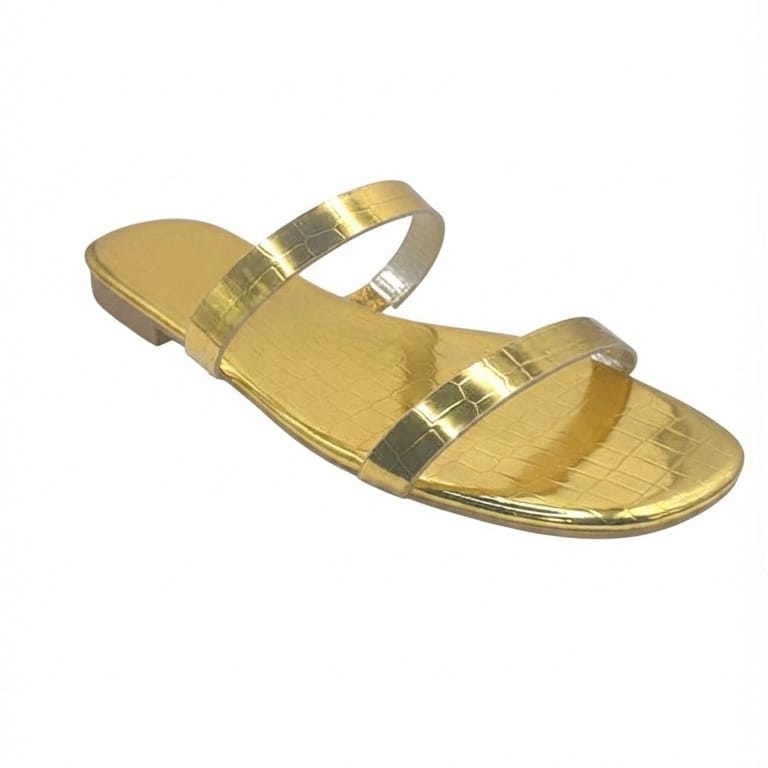 Women’s Shiny Gold Croc-Embossed Flat Sandals with Double Straps