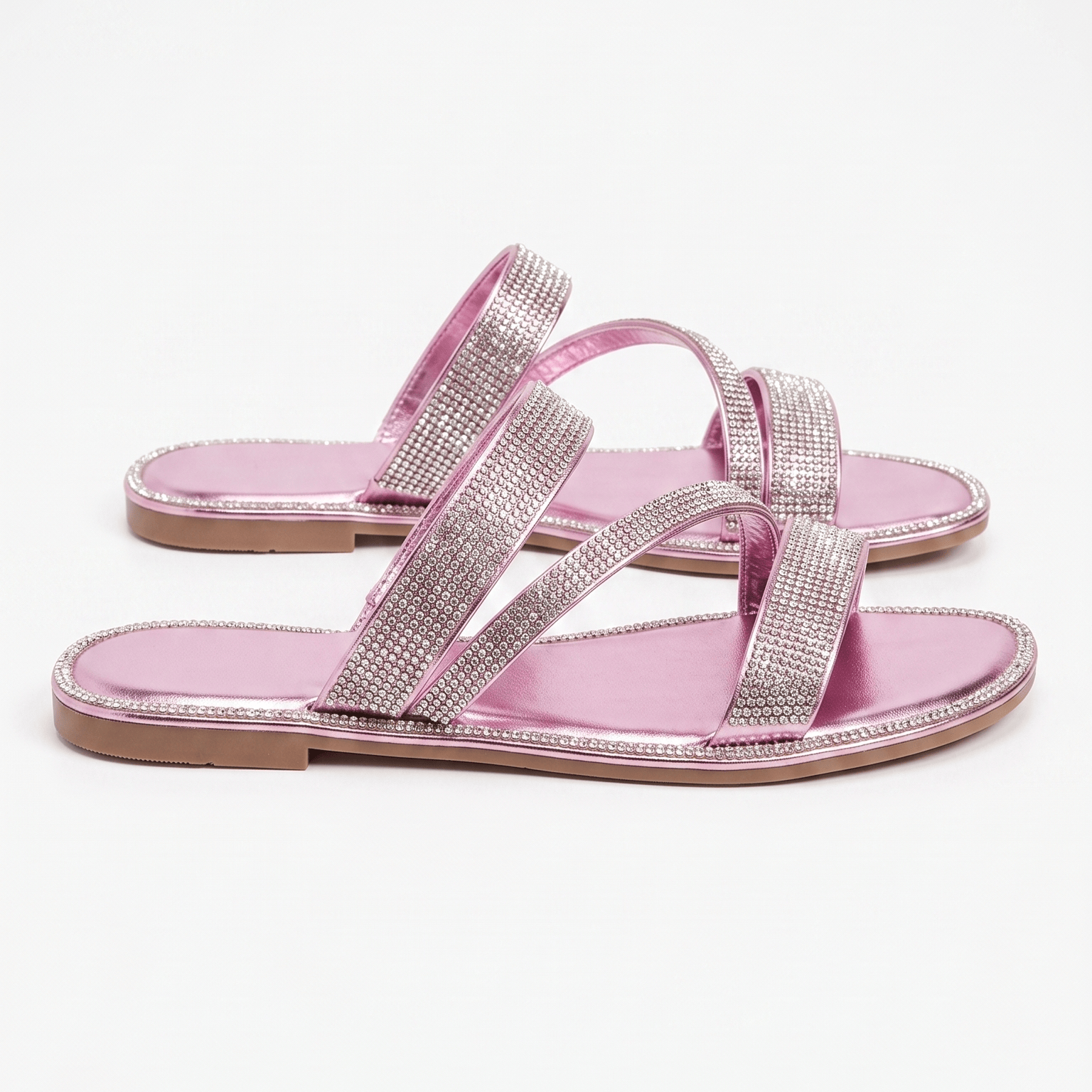 Women's Sparkly Strappy Flat Sandals – Bling Crystal Slip-on Slide Sandals for Summer