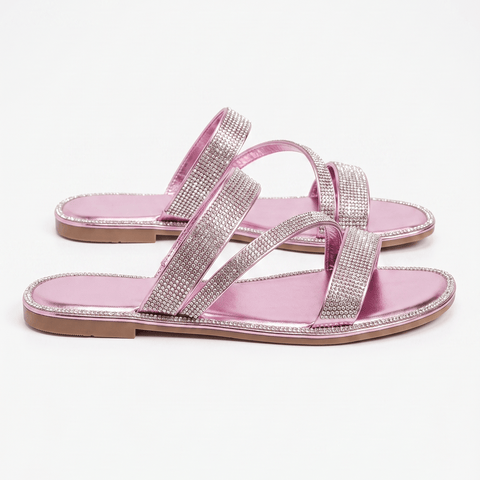 Women's Sparkly Strappy Flat Sandals – Bling Crystal Slip-on Slide Sandals for Summer