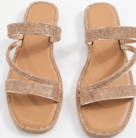Women's Sparkly Strappy Flat Sandals – Bling Crystal Slip-on Slide Sandals for Summer