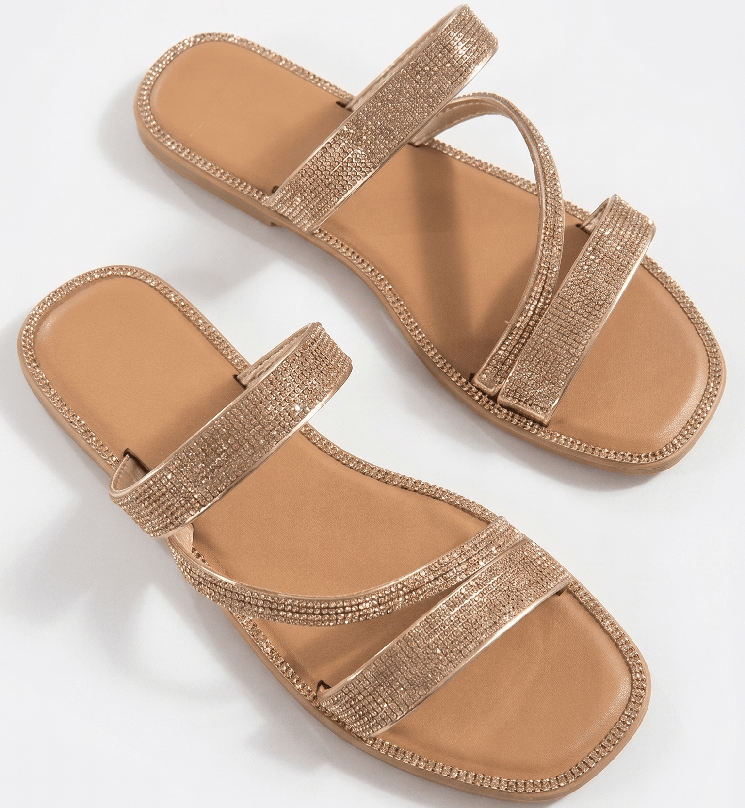 Women's Sparkly Strappy Flat Sandals – Bling Crystal Slip-on Slide Sandals for Summer