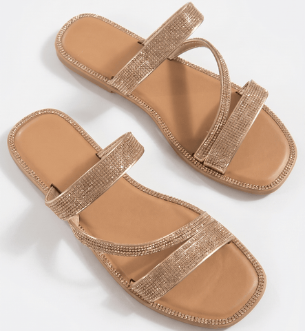 Women's Sparkly Strappy Flat Sandals – Bling Crystal Slip-on Slide Sandals for Summer
