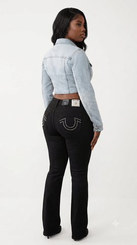 Women True Religion Black Boot Cut Flare Horse Shoe Long denim Jeans Pants