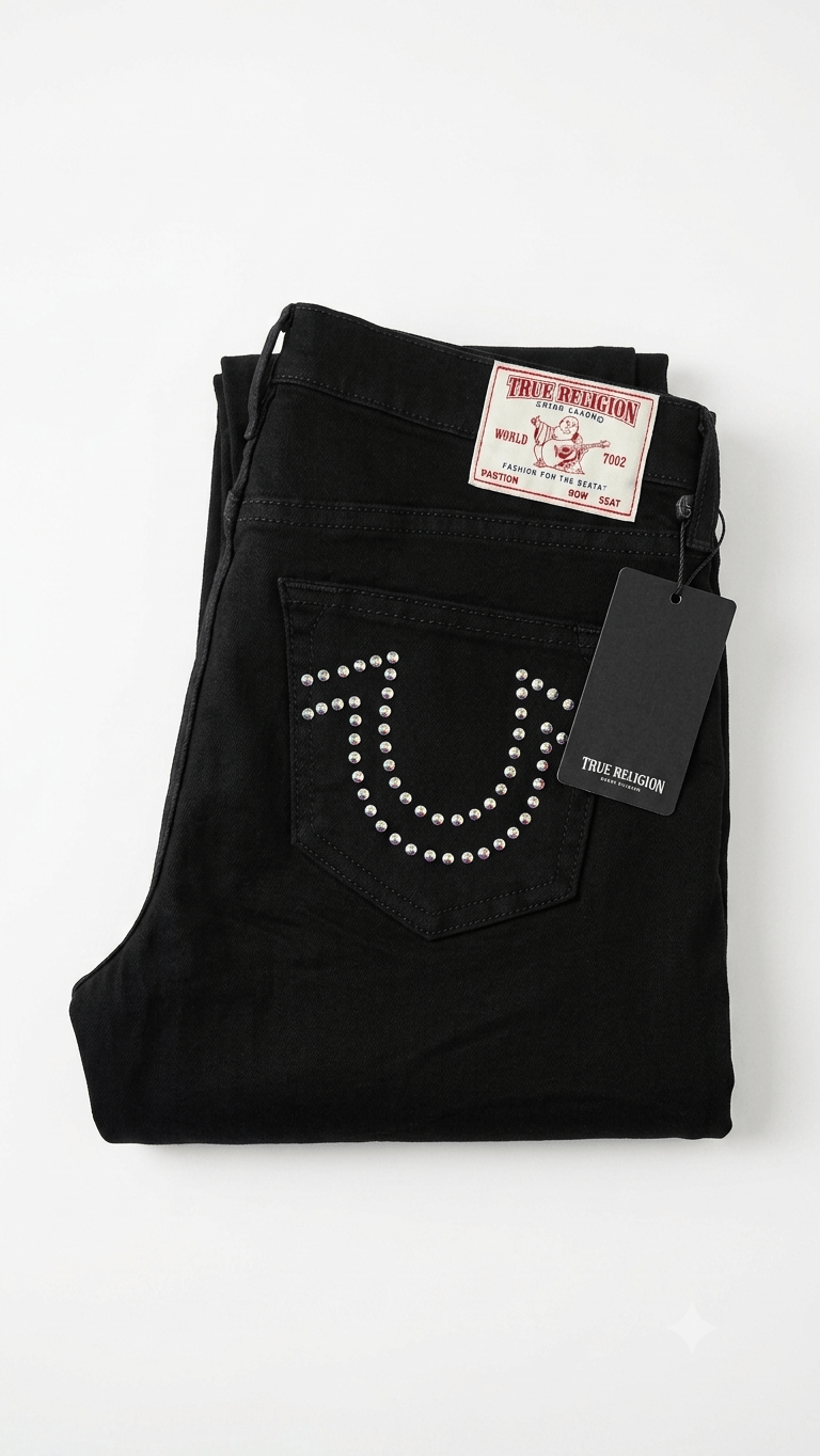 Women True Religion Black Boot Cut Flare Horse Shoe Long denim Jeans Pants