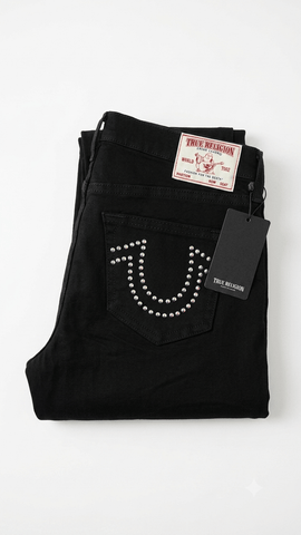 Women True Religion Black Boot Cut Flare Horse Shoe Long denim Jeans Pants