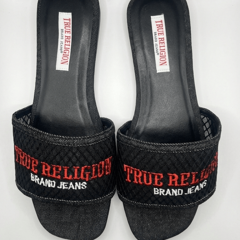 Women True Religion Black Denim Square Toe Slide Sandals