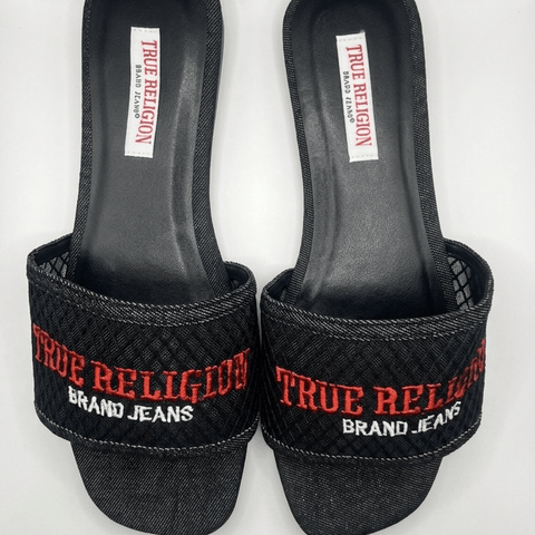 Women True Religion Black Denim Square Toe Slide Sandals