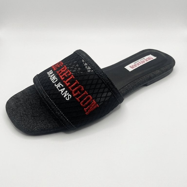 Women True Religion Black Denim Square Toe Slide Sandals