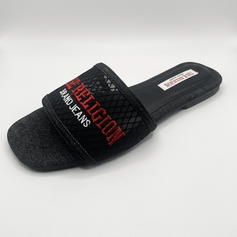 Women True Religion Black Denim Square Toe Slide Sandals